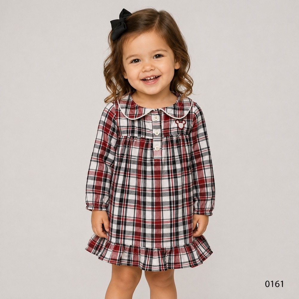 Disney Girls Red Plaid Mickey Mouse Peter Pan Collar Ruffle Dress Size 3T